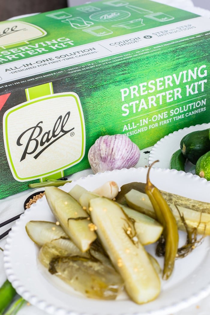 Plate of crisp dill pickle recipe spears with a pickled hot pepper on a white plate.