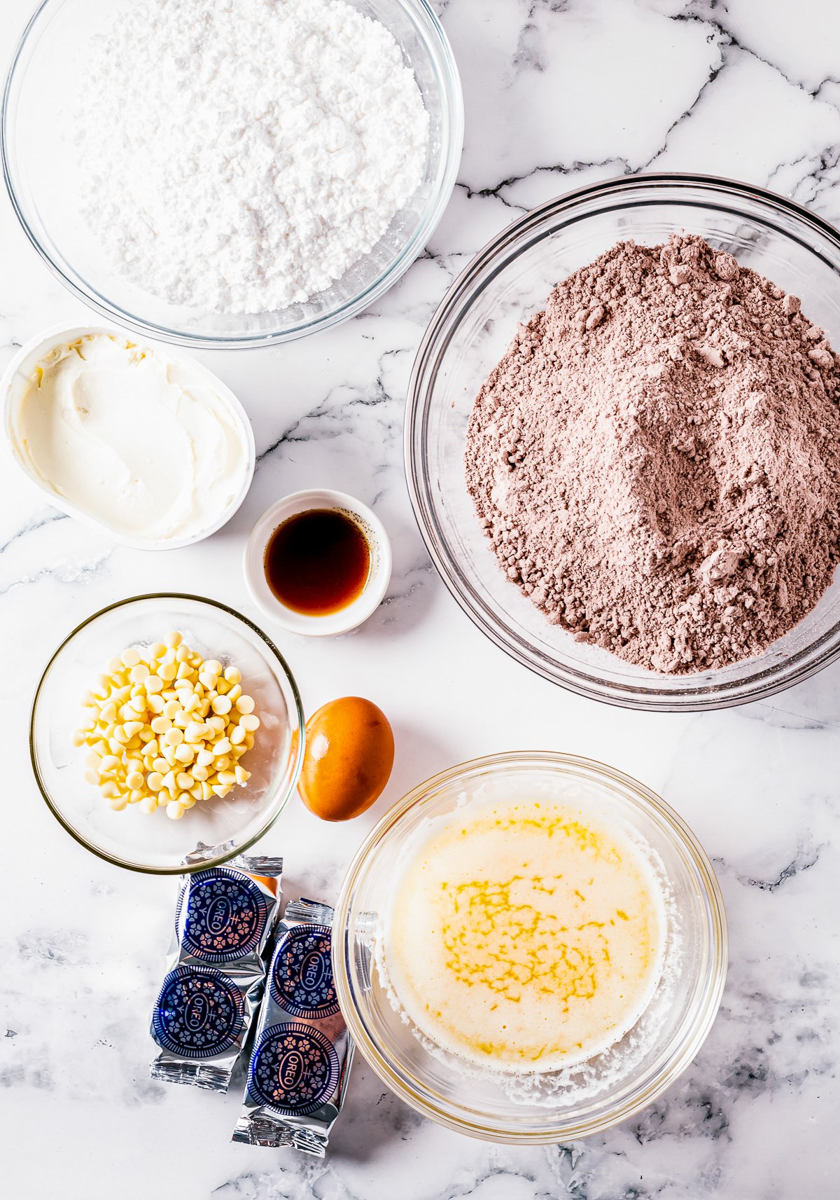 Ingredients needed to make Oreo Fudge Brownies.