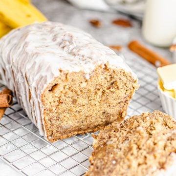 Cut Banana Nut Bread on wire rack