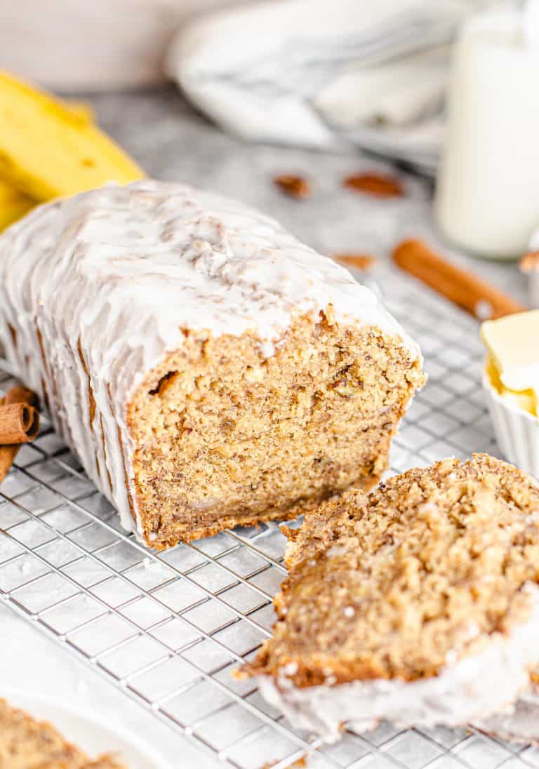 Cut Banana Nut Bread on wire rack