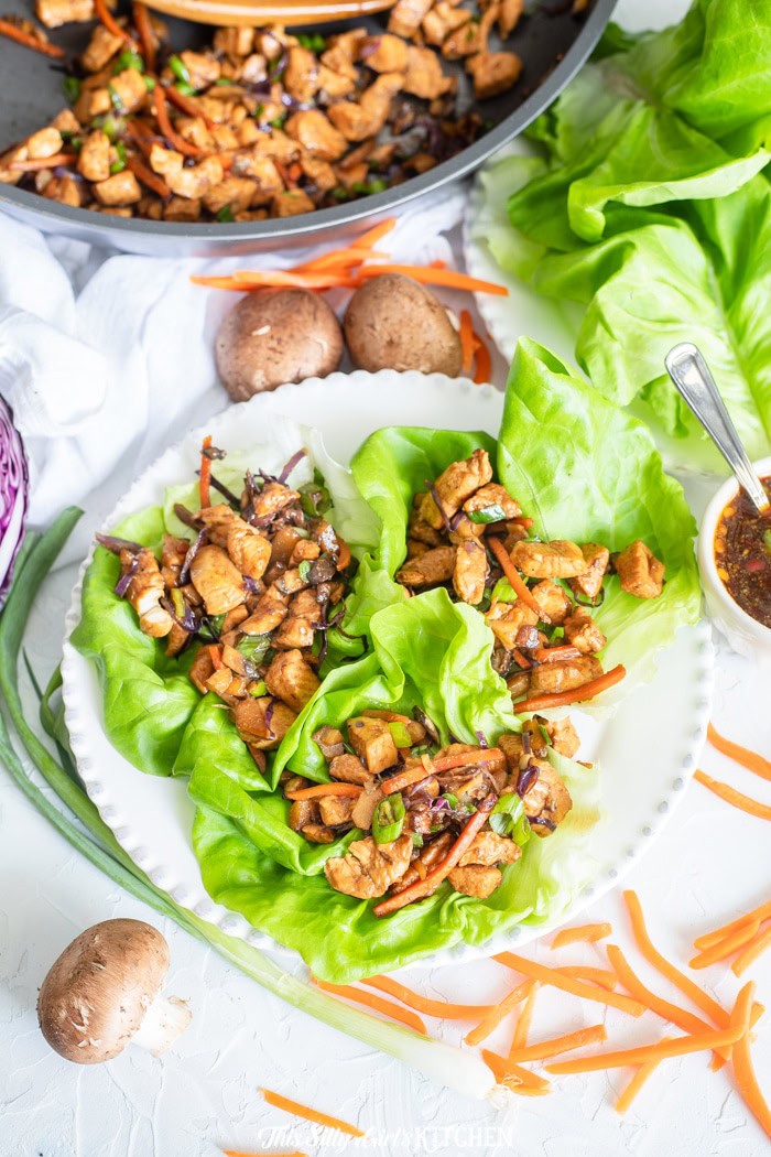 The savory chicken and vegetable filling for Chicken Lettuce Wraps tossed in stir fry sauce.