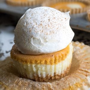 Square photo of Pumpkin Cheesecake Cupcake topped with whipped cream.