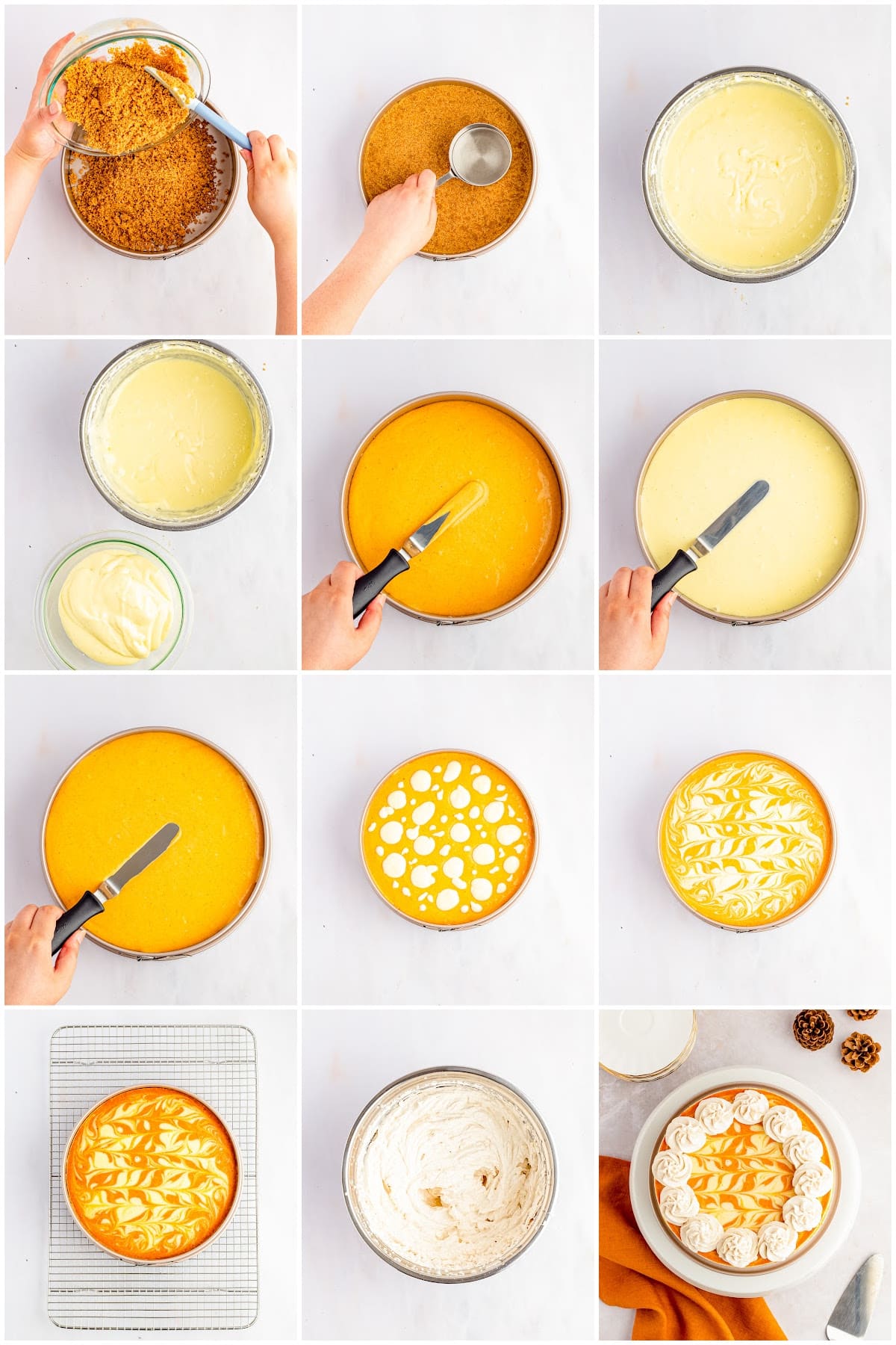 Step by step photos on how to make a Pumpkin Cheesecake.