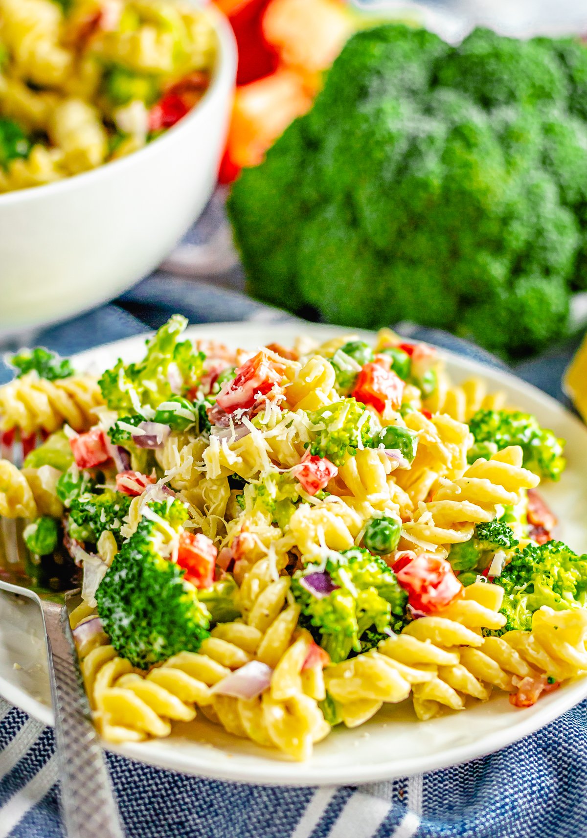 Close up of Broccoli Pasta Salad Recipe on plate