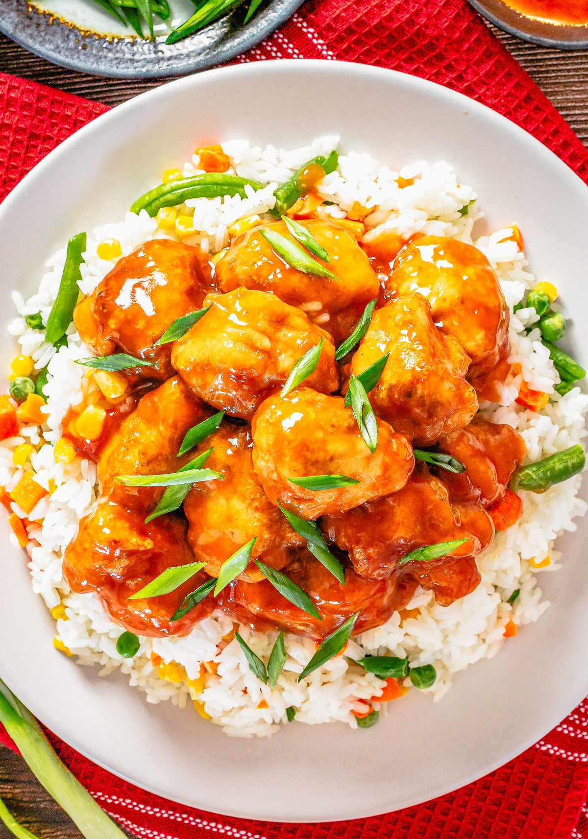 Overhead photo of finished Sweet and Sour Chicken over rice.