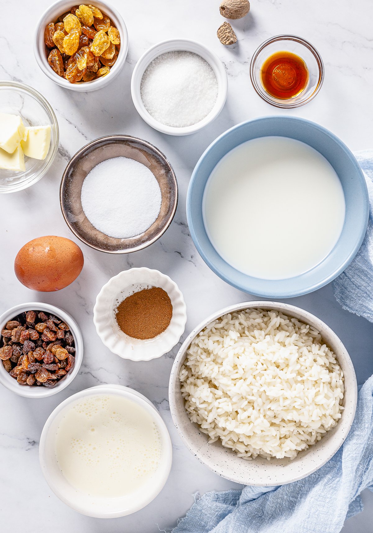Ingredients needed to make Rice Pudding with Cooked Rice.