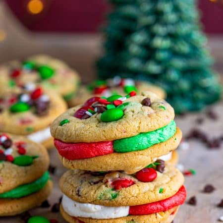 Two Stacked Christmas Sandwich Cookies.