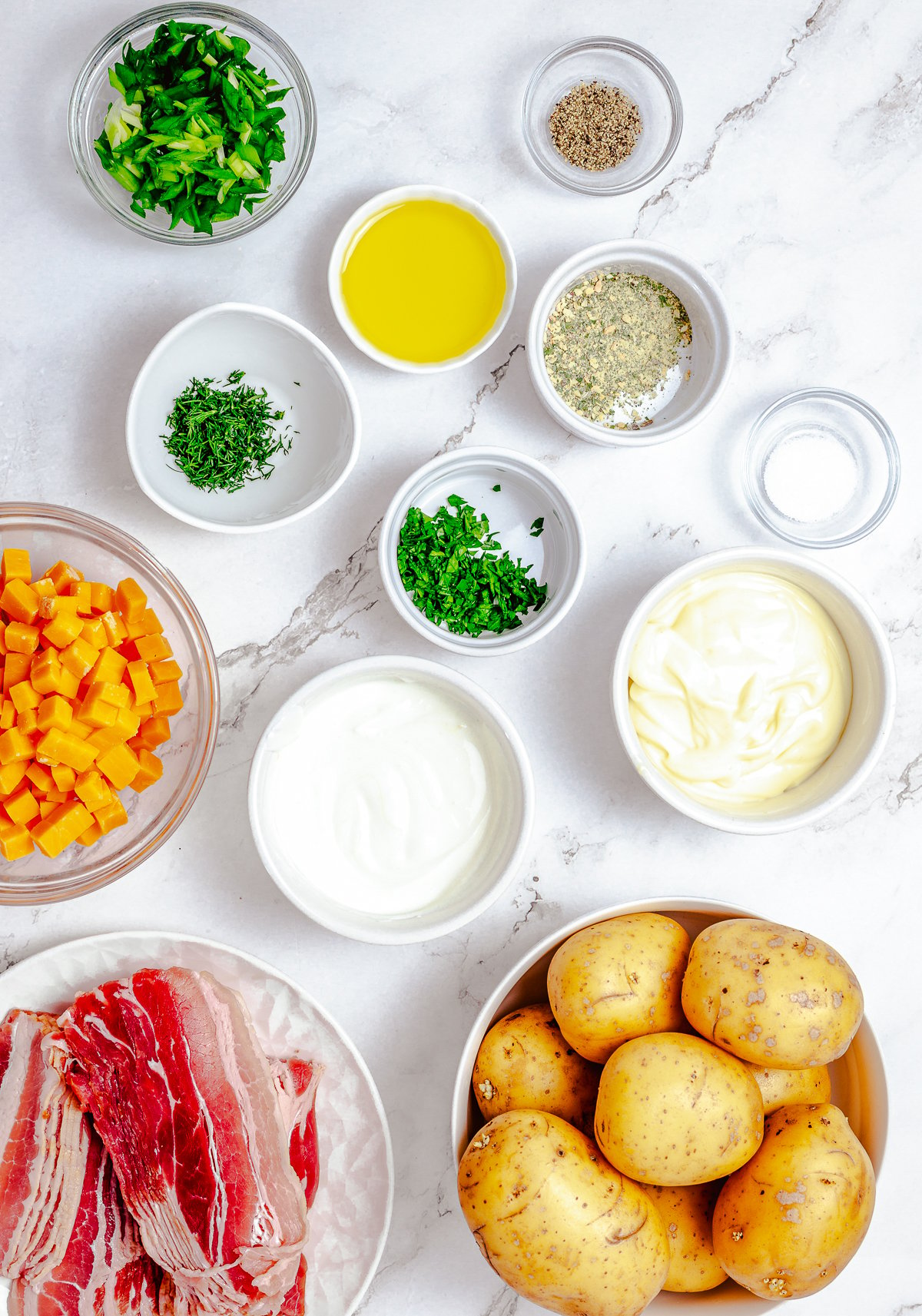 Ingredients needed to make Bacon Ranch Potato Salad