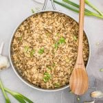 Dirty Rice recipe square image overhead in pan.