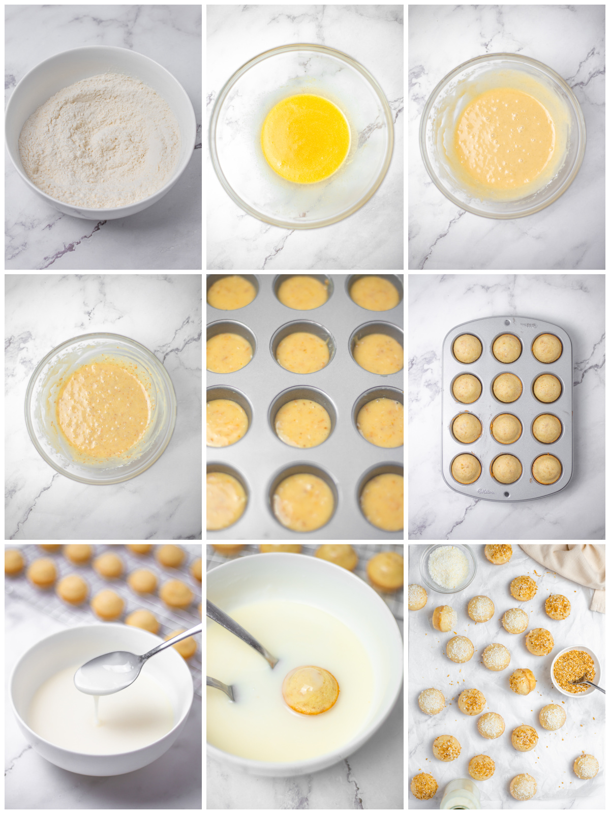 Step by step photos on how to make Baked Coconut Donut Holes