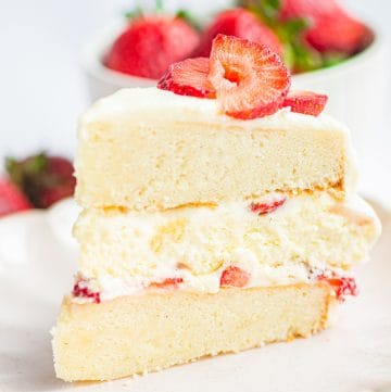 Slice of cake on white plate showing each layers topped with strawberries