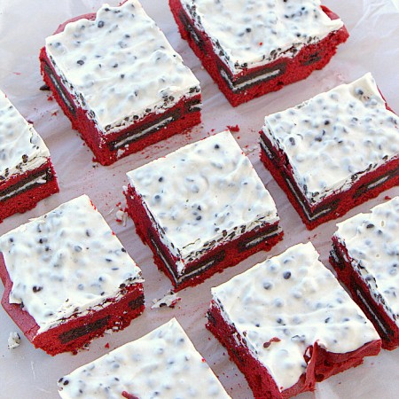 Cut red velvet brownies square image