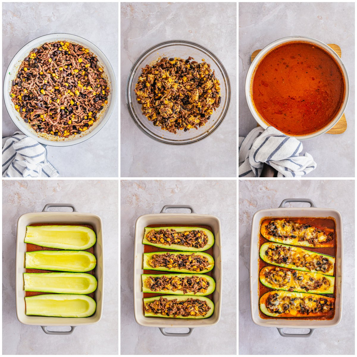 Step by step photos on how to make Enchilada Stuffed Zucchini.