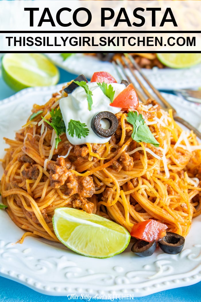 Close up of taco pasta on plate Pinterest Image