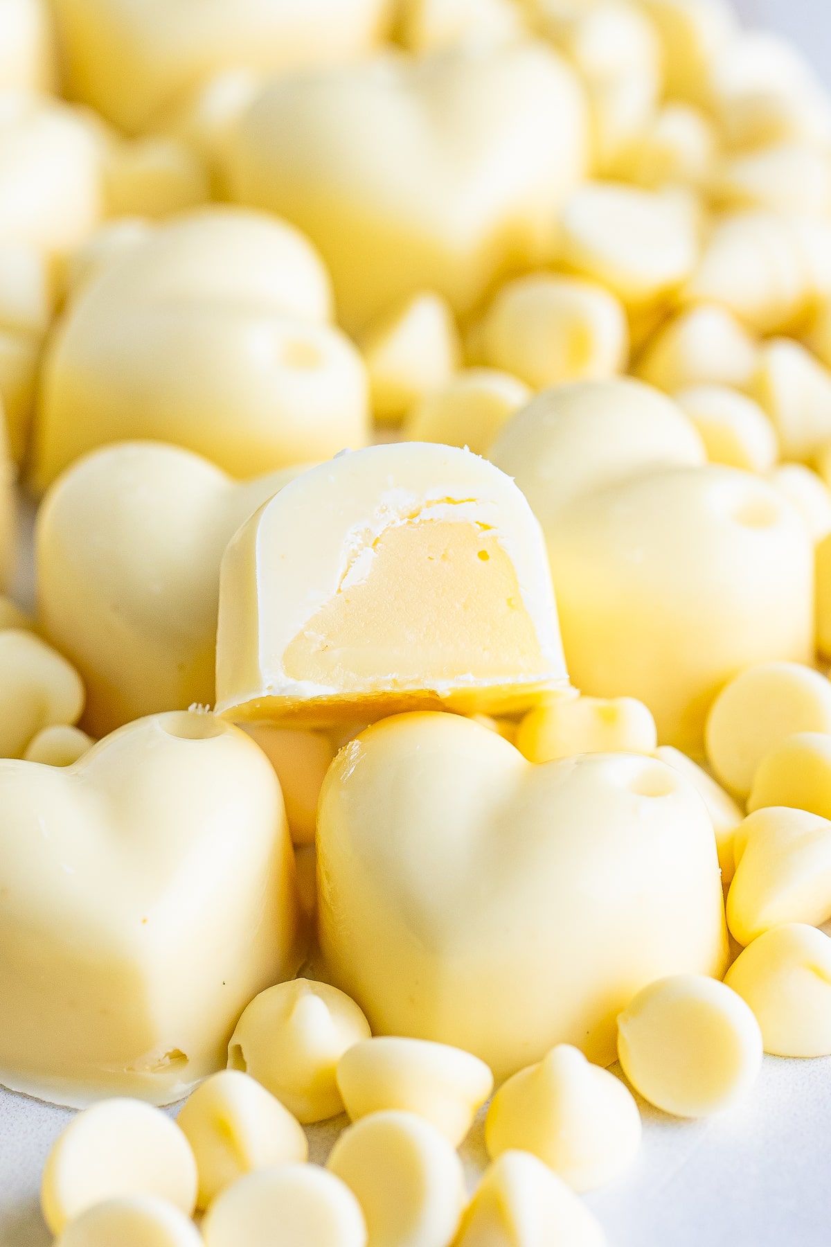 one White Chocolate Truffles cut in half to show the interior