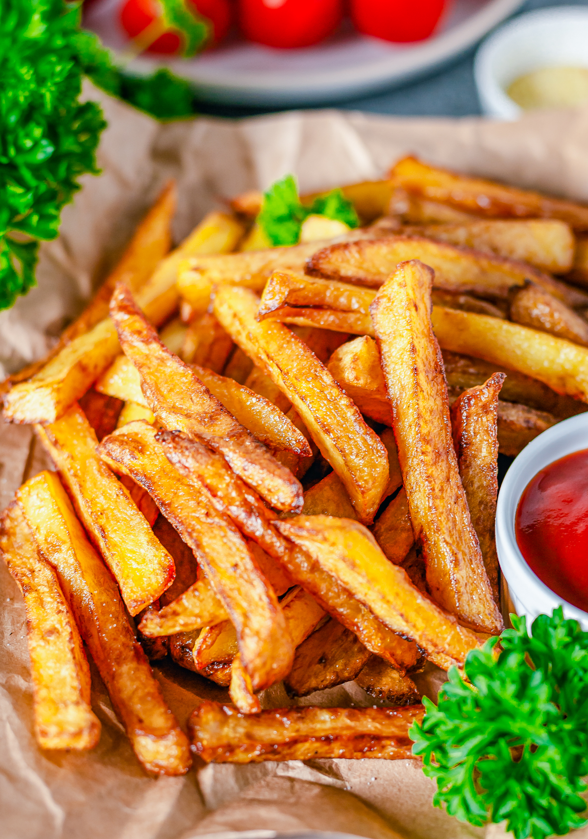 Close up of Homemade French Fries showing seasoning.