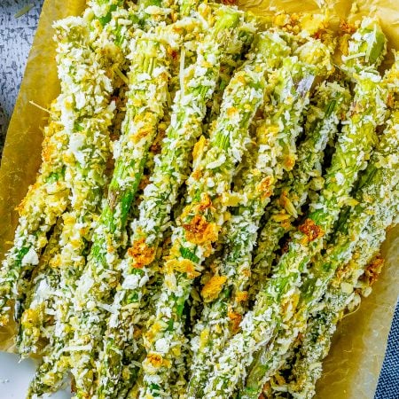 Overhead close up of Baked Asparagus Fries.