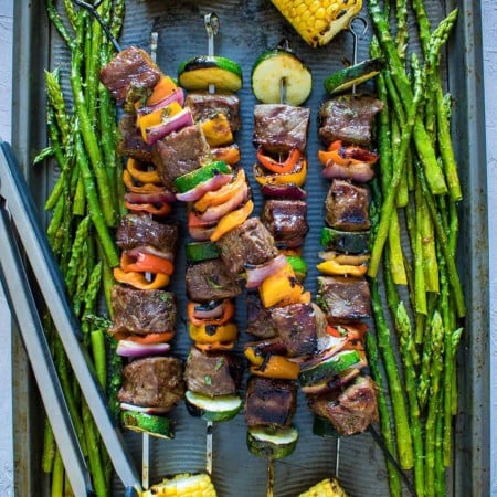 Square image of Steak Kabobs on baking tray
