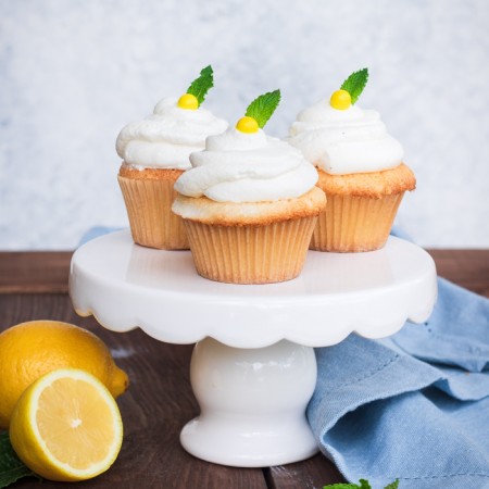 Square photo of Lemon Cupcakes on small cake stand