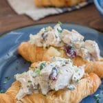 A croissant sandwich filled with creamy cranberry chicken salad on a blue plate.