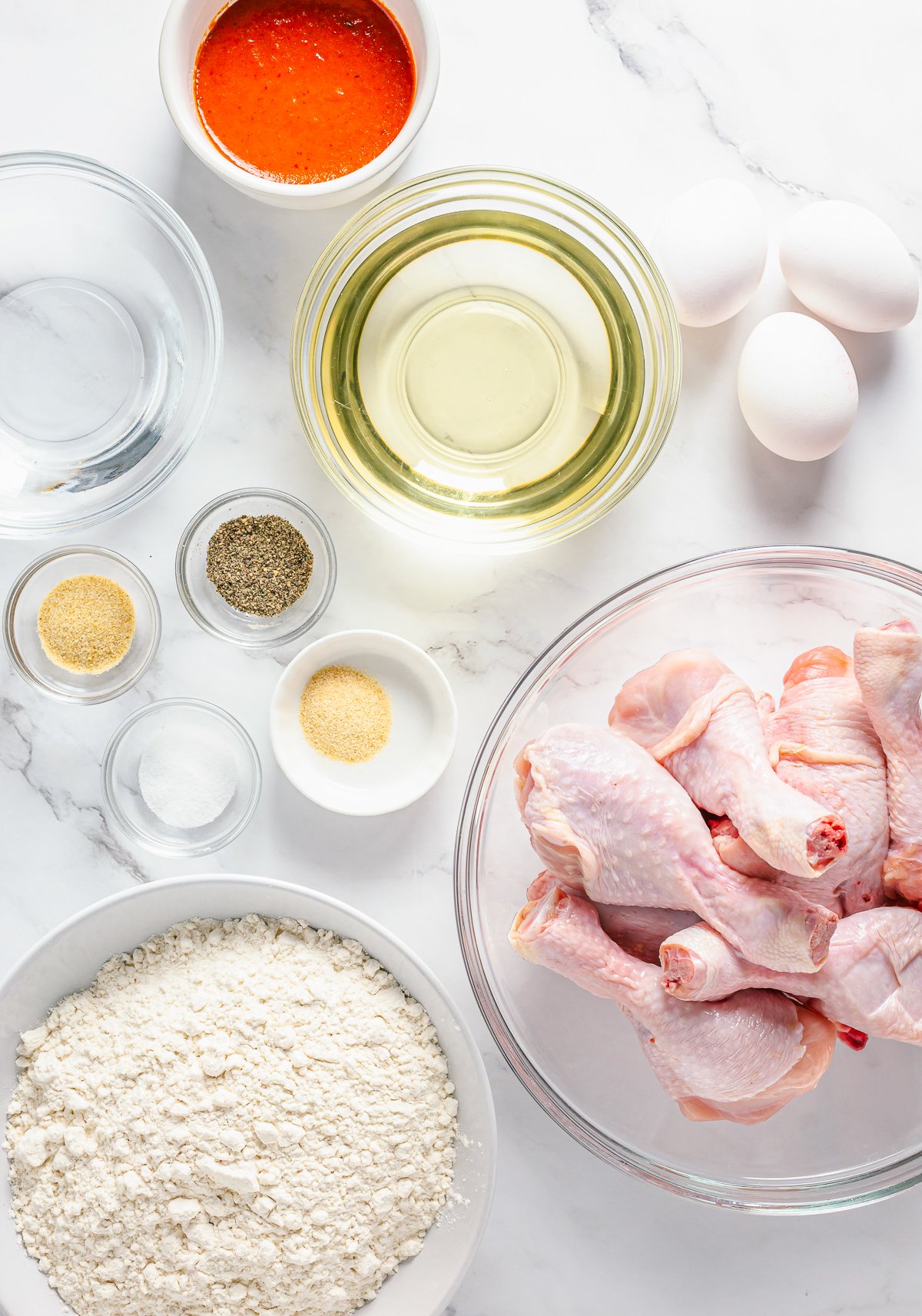 Ingredients needed to make Southern Fried Chicken.