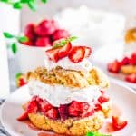 Finished Strawberry Shortcake Recipe on white plate showing all the layers