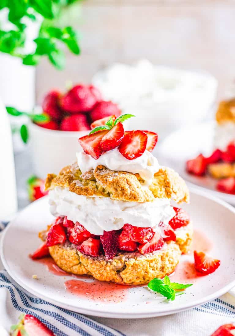 Finished Strawberry Shortcake Recipe on white plate showing all the layers