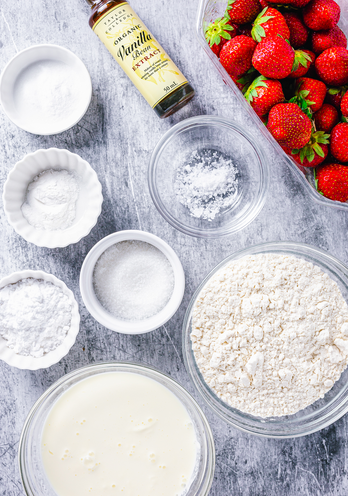 Ingredients needed to make a Strawberry Shortcake Recipe