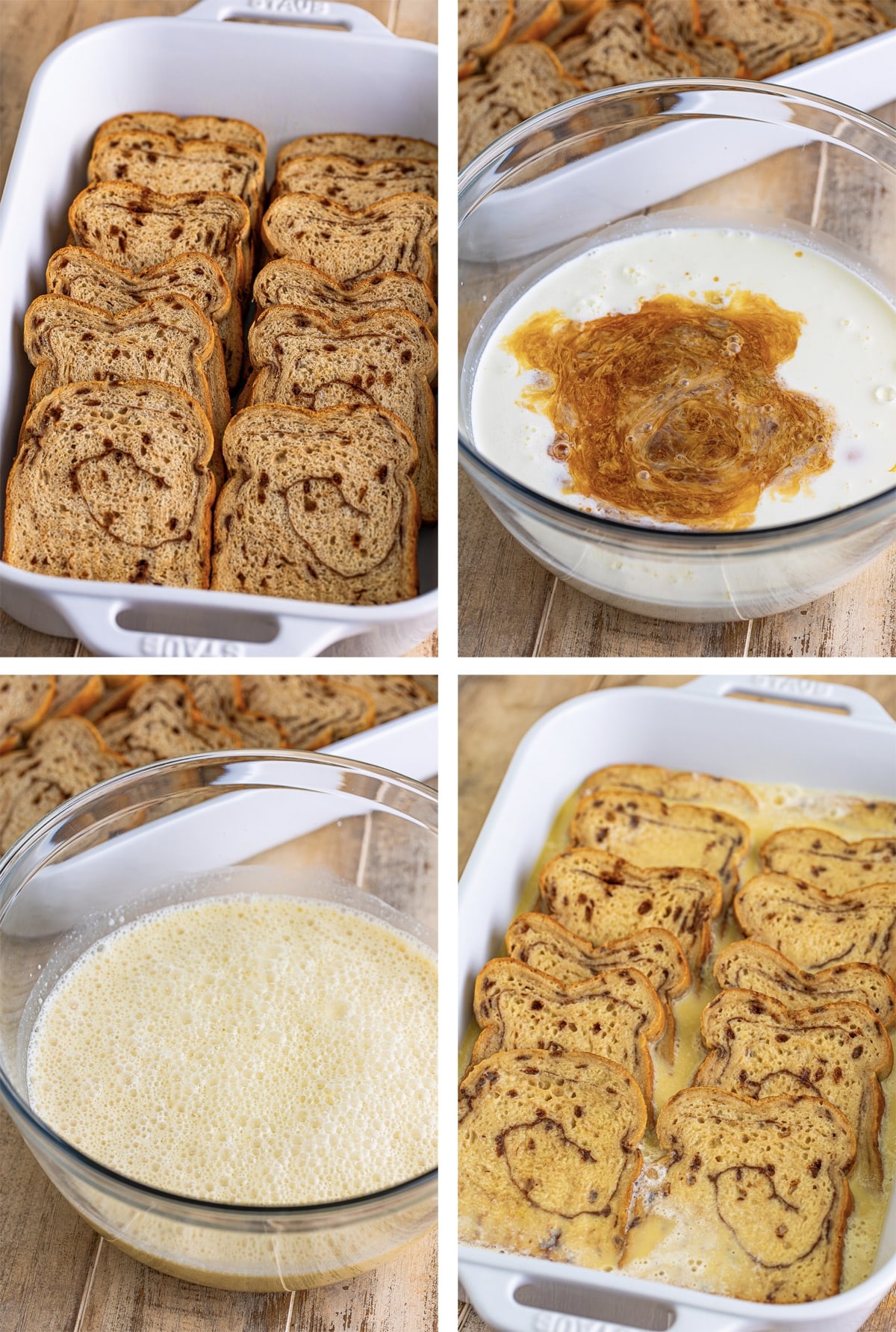 collage of images showing the first steps on how to make Overnight French Toast