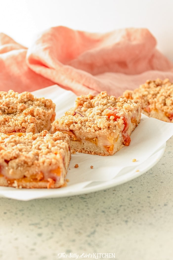 Side view of peach bars on white plate