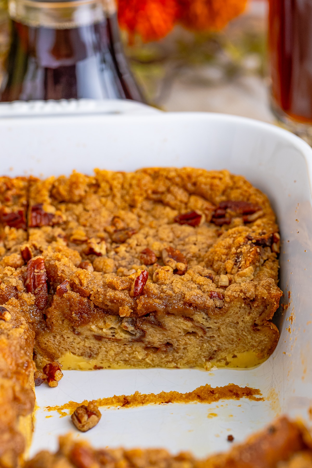 Overnight French Toast in baking dish with a piece taken out