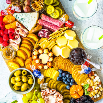 Overhead of filled Charcuterie Board