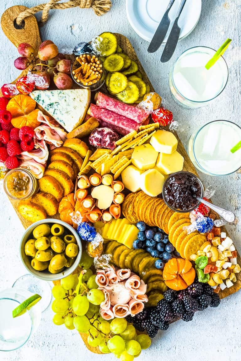 Overhead of filled Charcuterie Board