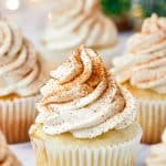 Close up of one of the Eggnog Cupcakes topped with spices.