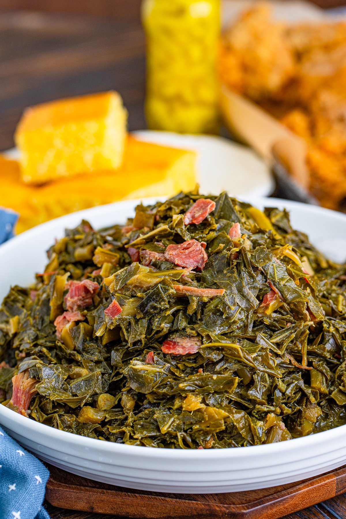 Shallow dish with Southern Collard Greens.