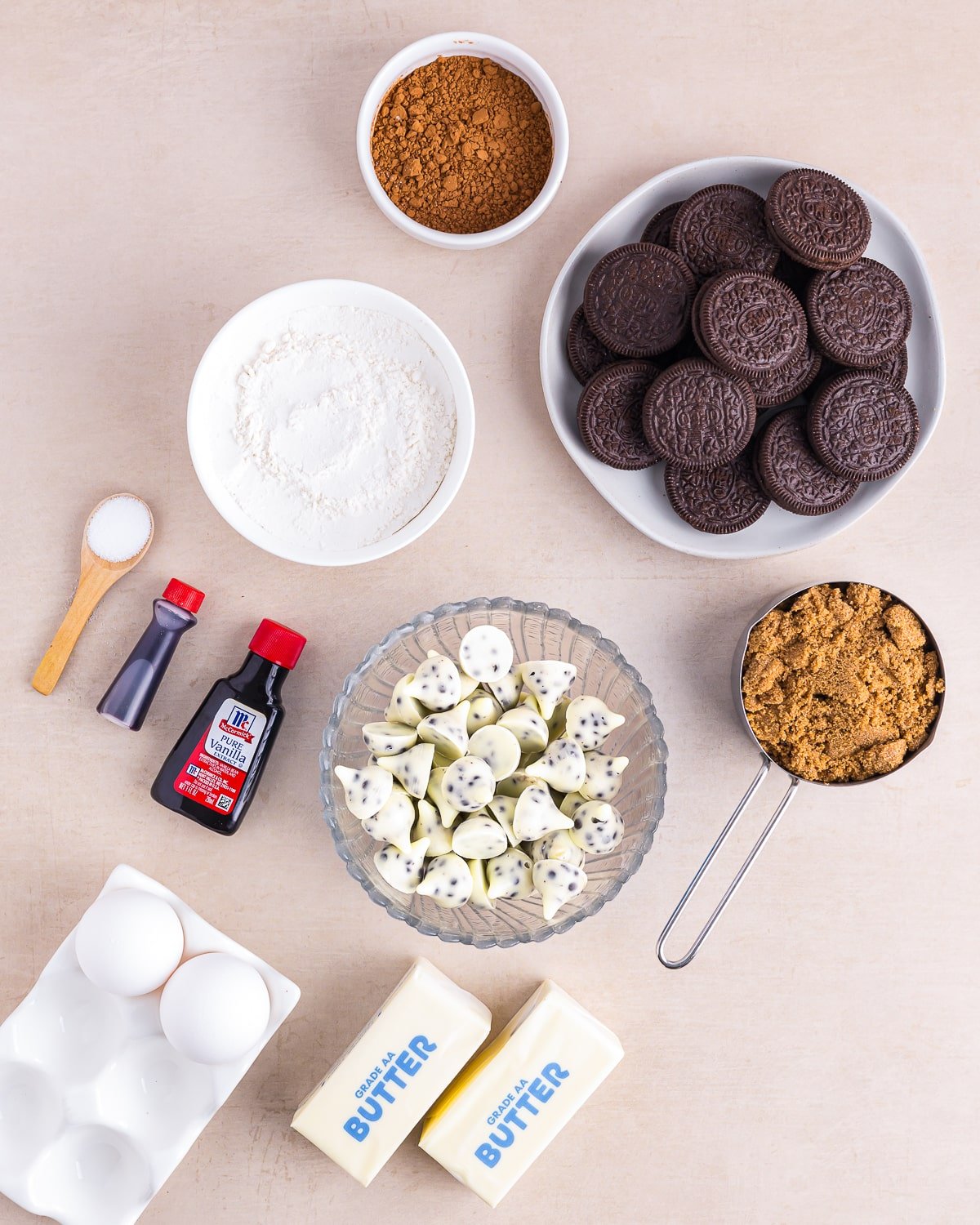 ingredients needed to make cookies and cream brownies