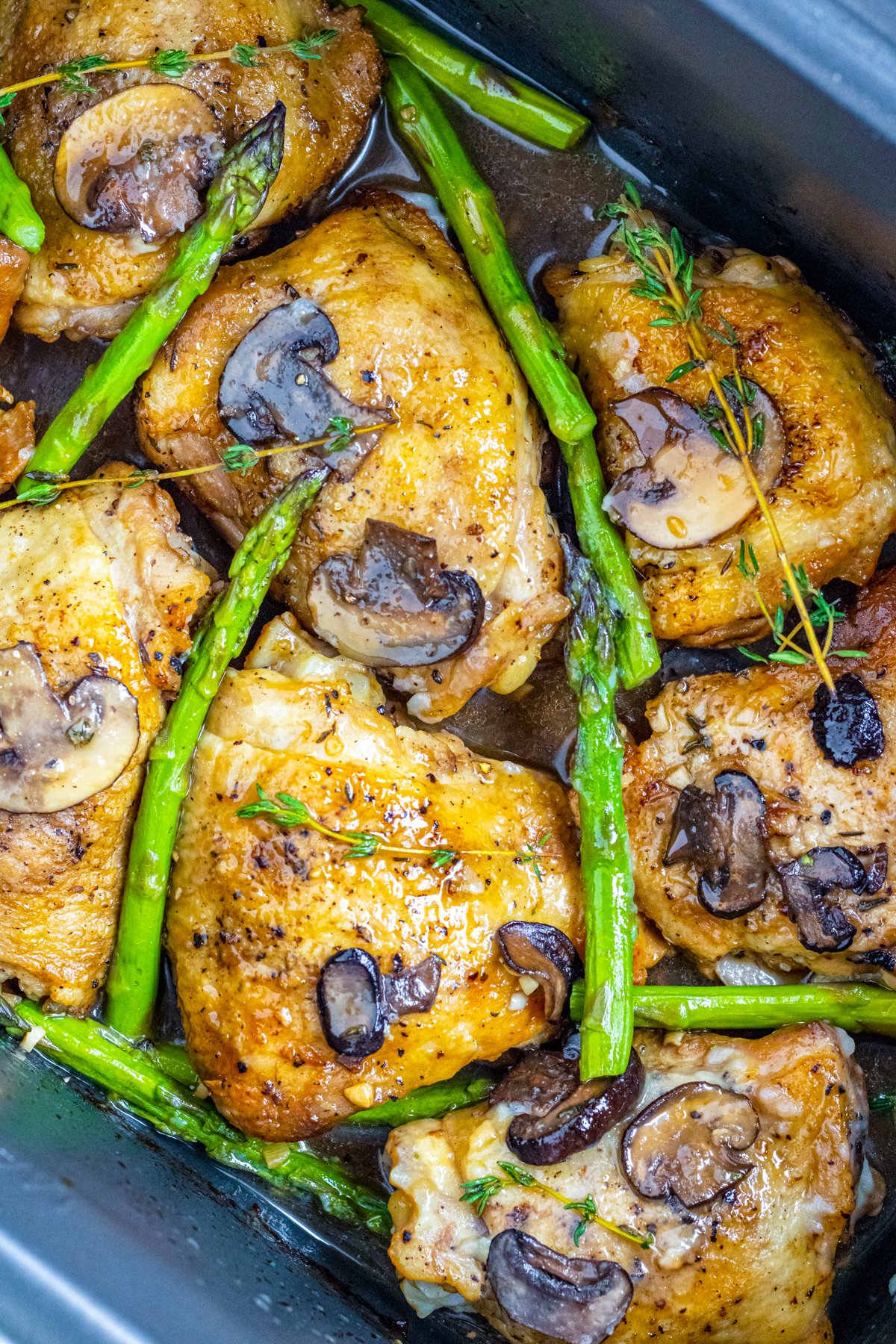 Close up view of Slow Cooker Marsala Chicken in slow cooker