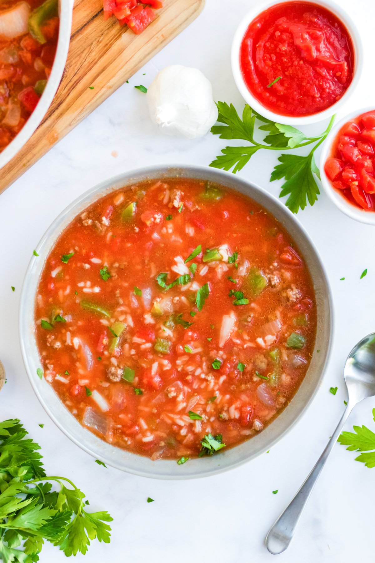 Overhead photo of Stuffed Pepper Soup in bowl
