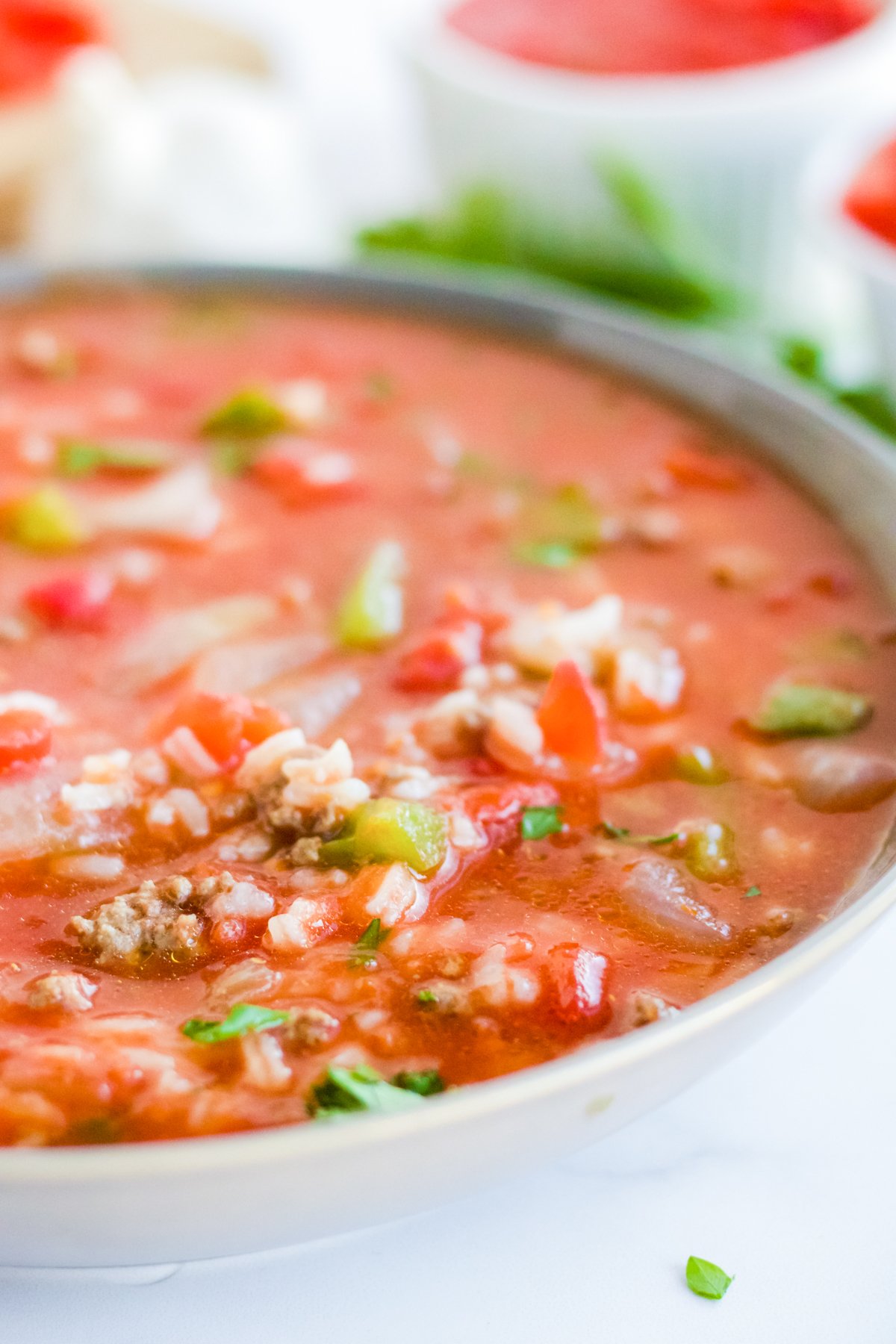 Close up side view of Stuffed Pepper Soup in bowl