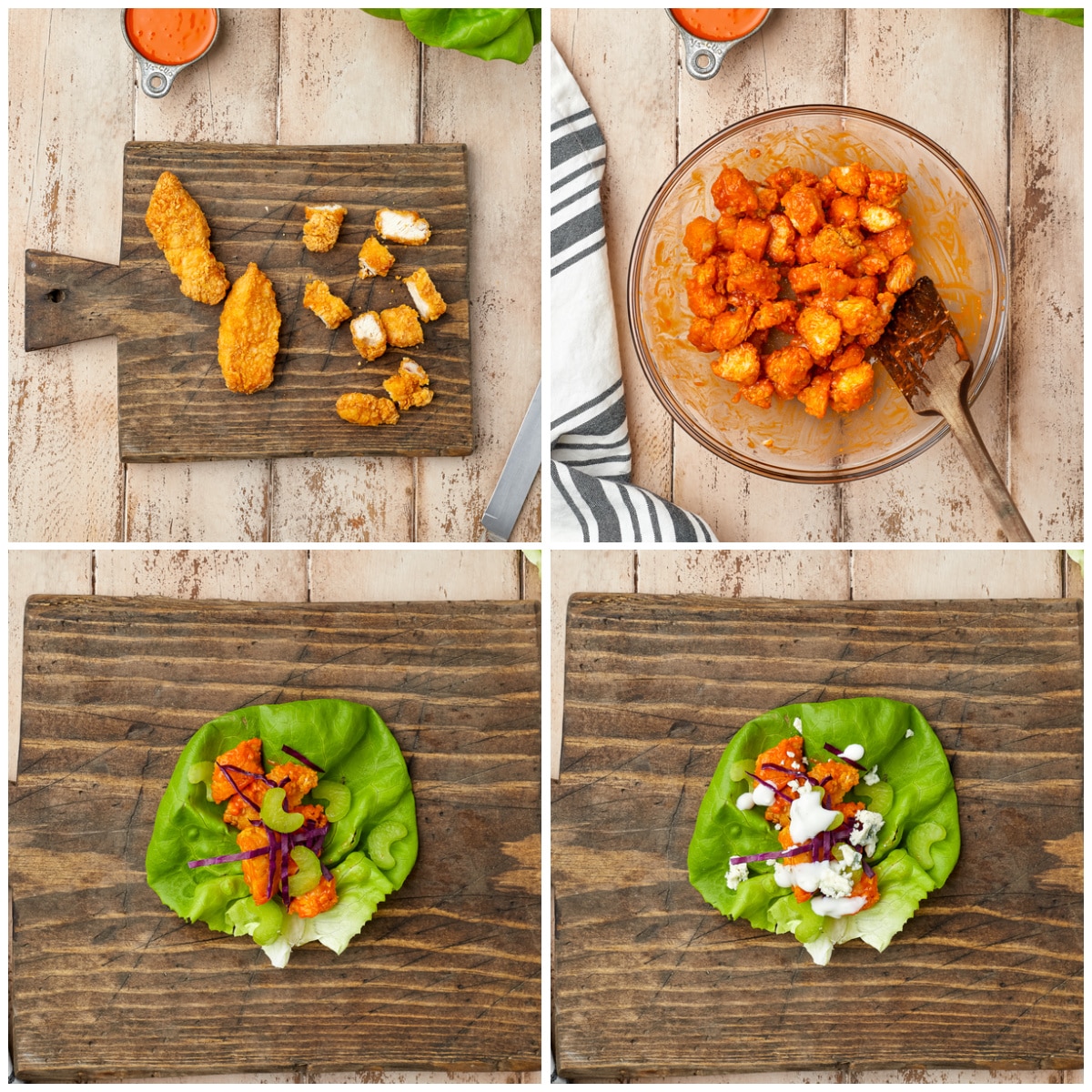 Step by step photos on how to make Buffalo Chicken Lettuce Wraps.