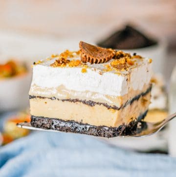 A slice of chocolate lasagna showing layers of cookie crust, peanut butter cream, pudding, and whipped topping.