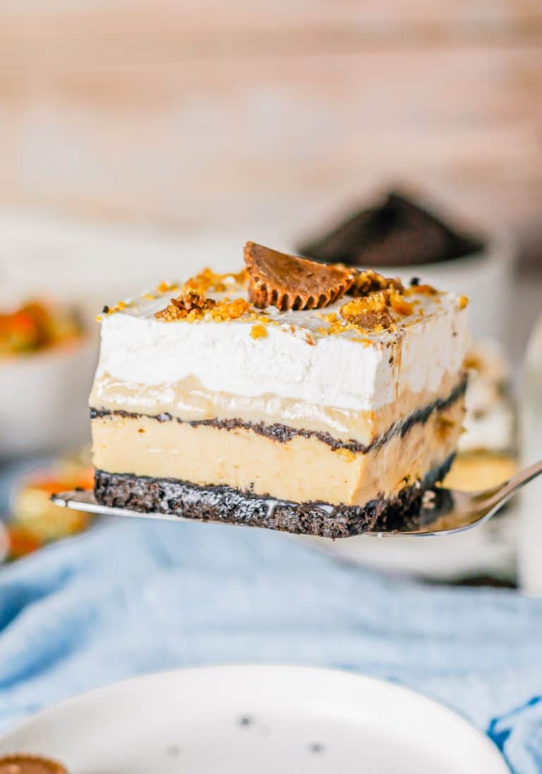 A slice of chocolate lasagna showing layers of cookie crust, peanut butter cream, pudding, and whipped topping.