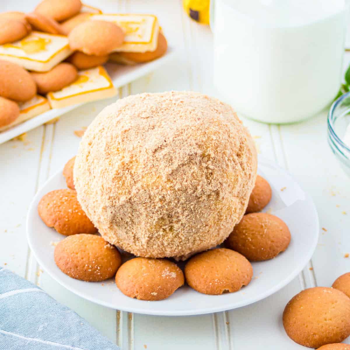 Finished banana pudding cheese ball coated in vanilla wafer crumbs on a plate with wafers.