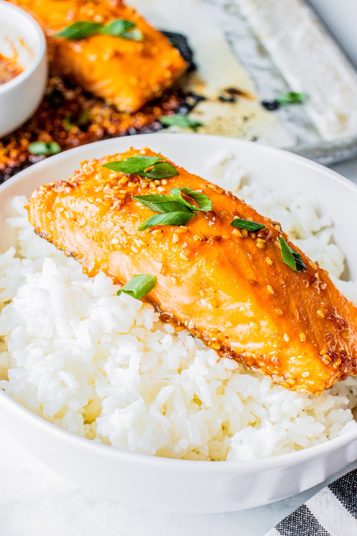 Teriyaki Salmon Recipe over rice in bowl
