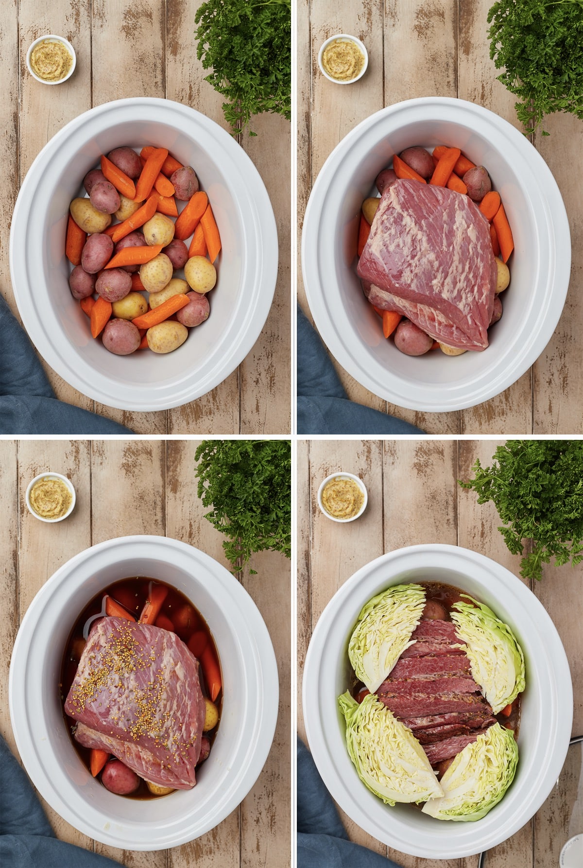Collage of photos showing how to make slow cooker corned beef and cabbage