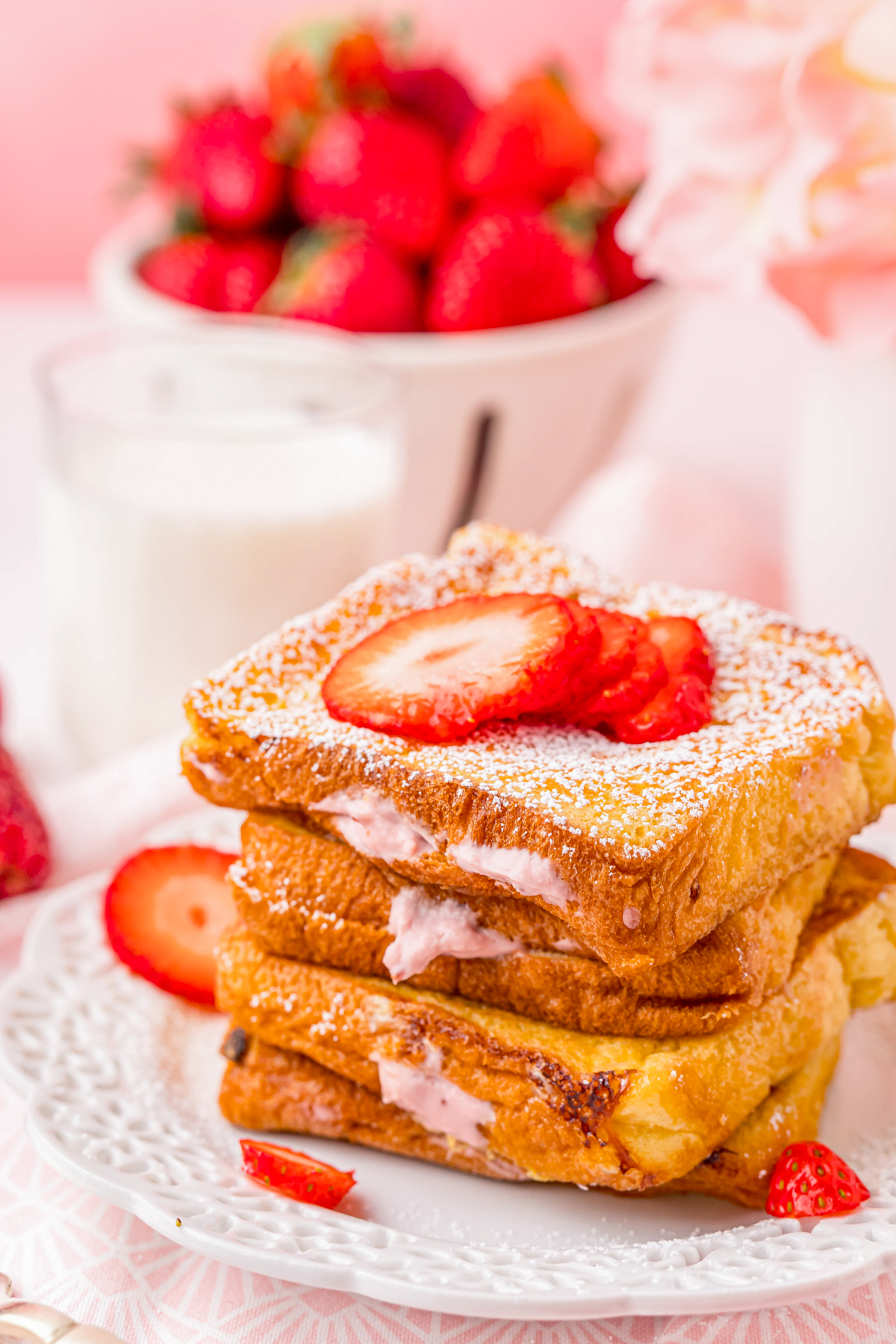 Side view of Stuffed French Toast showing the cheesecake filling