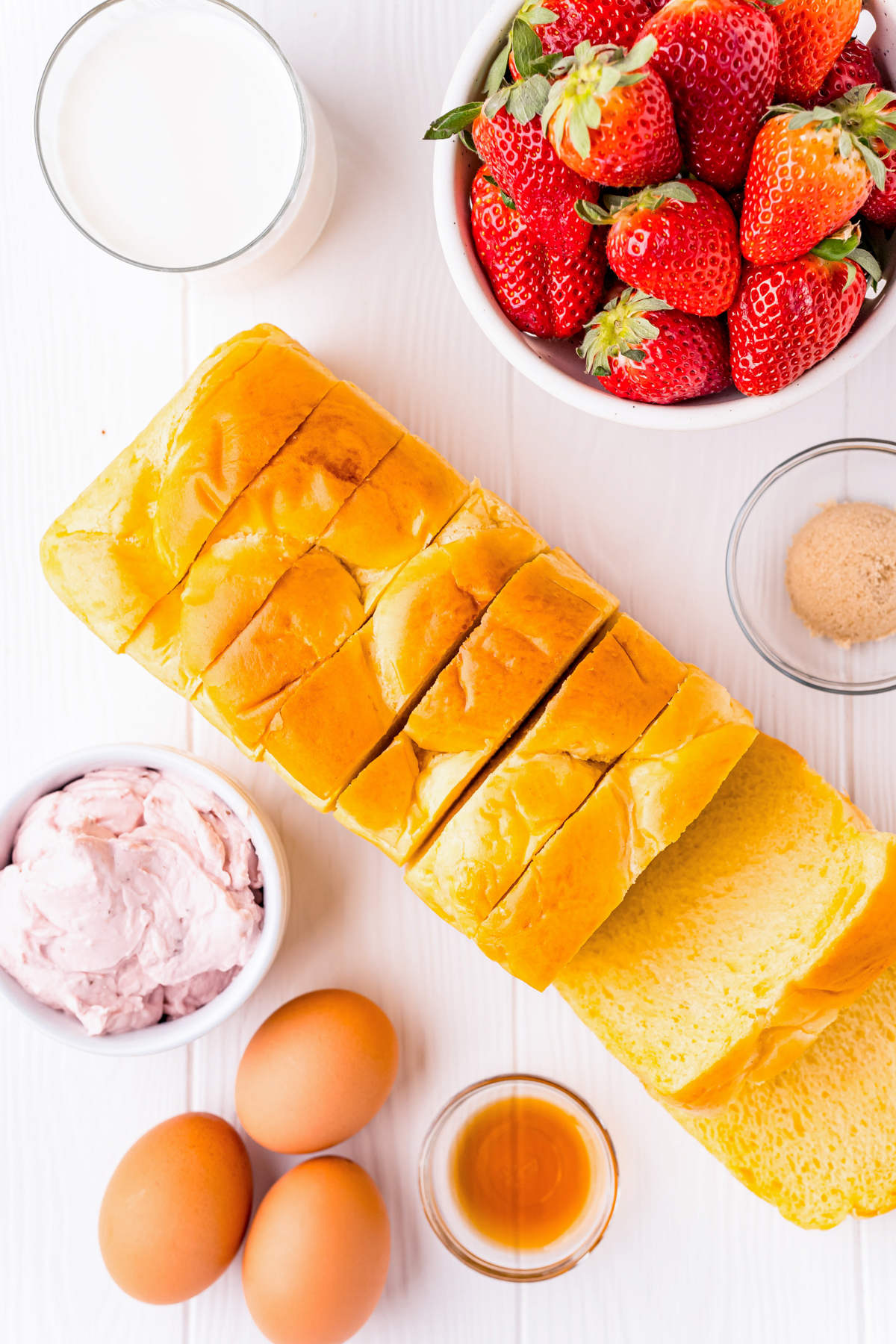 Ingredients needed to make Strawberry Cheesecake Stuffed French Toast