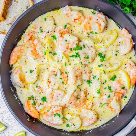 Square image of finished shrimp in pan