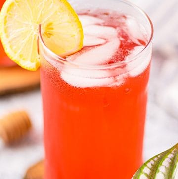 Overhead of Hibiscus Tea Recipe showing ice and lemon garnish