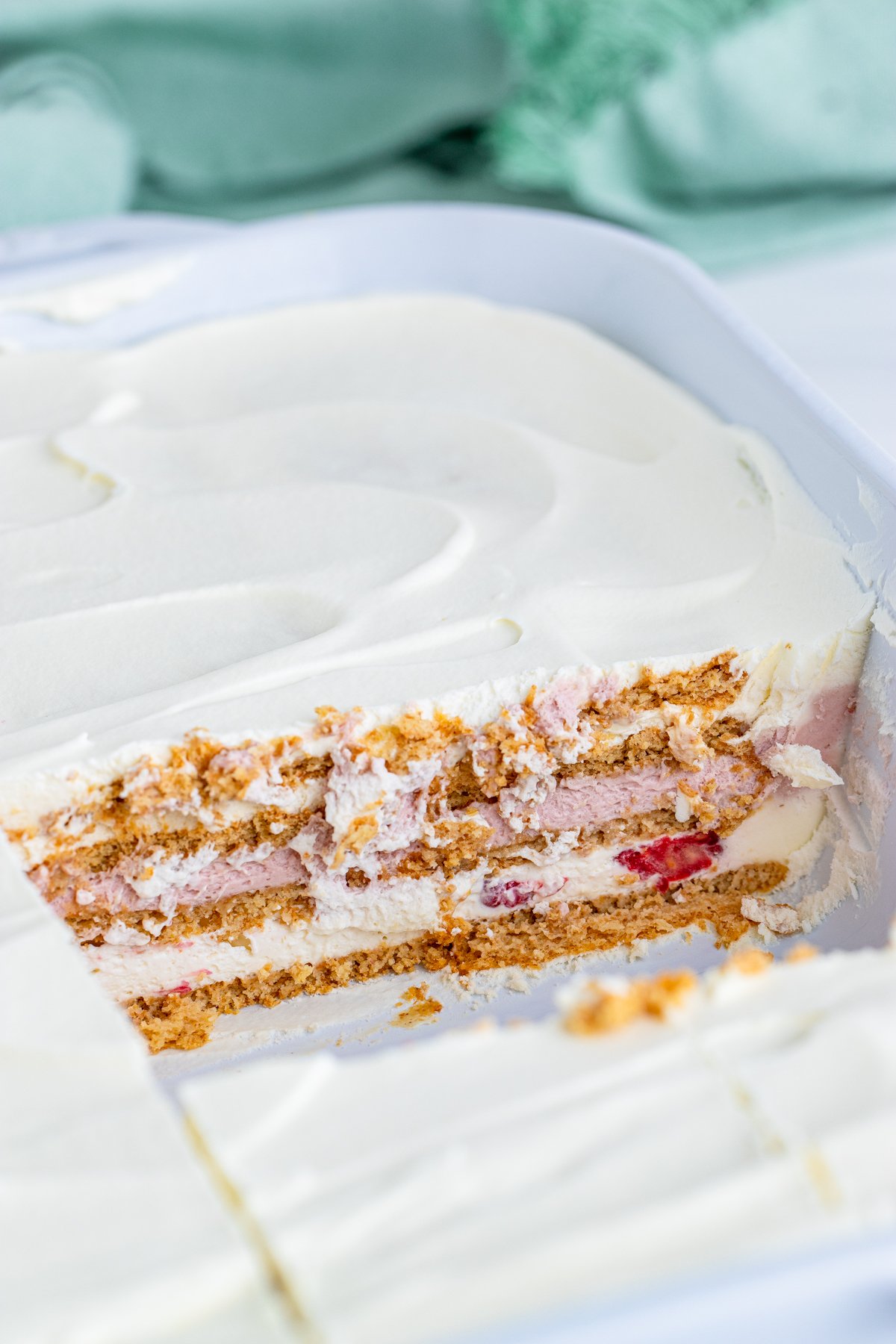 Inside pan of Icebox Cake Recipe showing layers